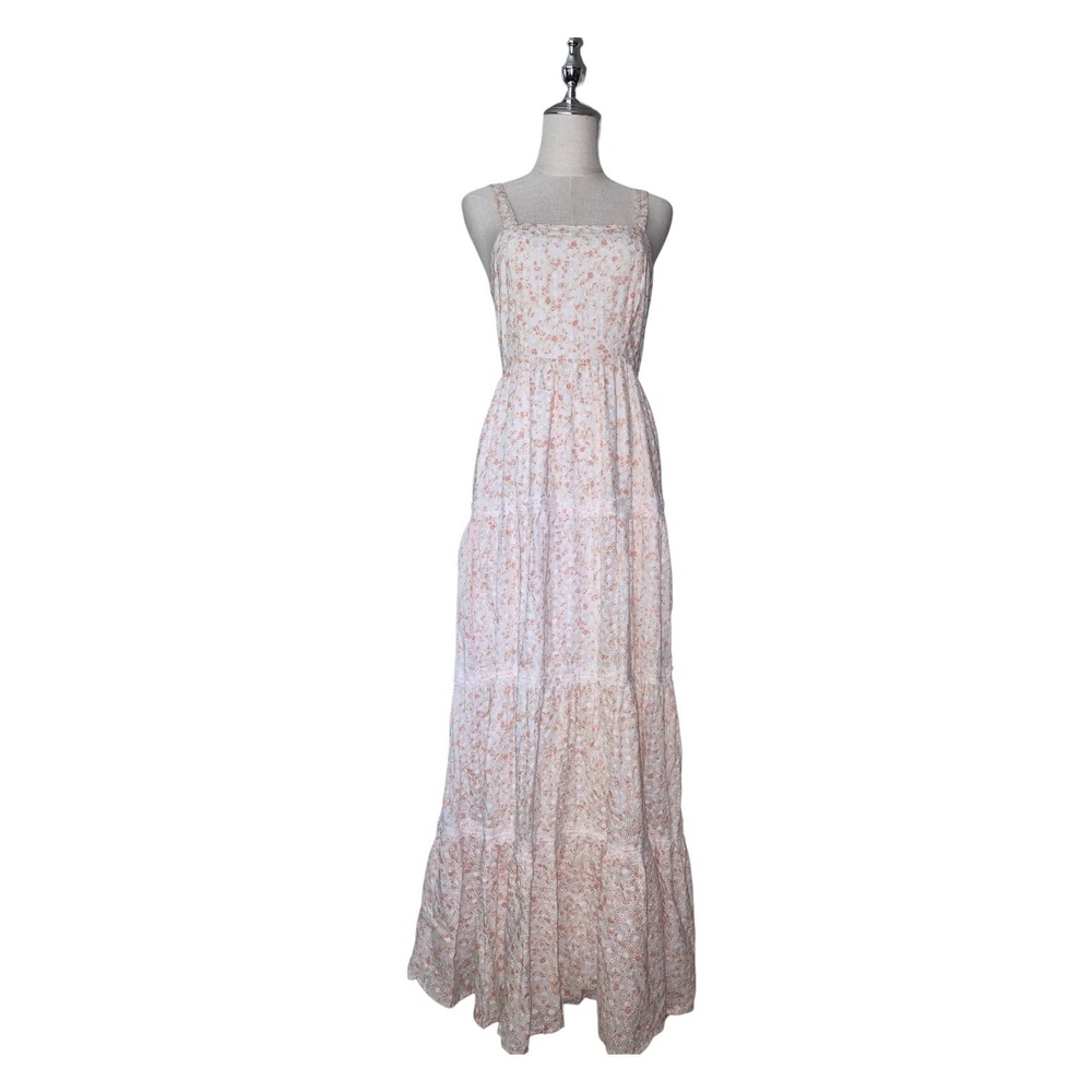 Aura Floral Eyelet Maxi Dress White Pink Cottagecore Boho Sleeveless Size Small